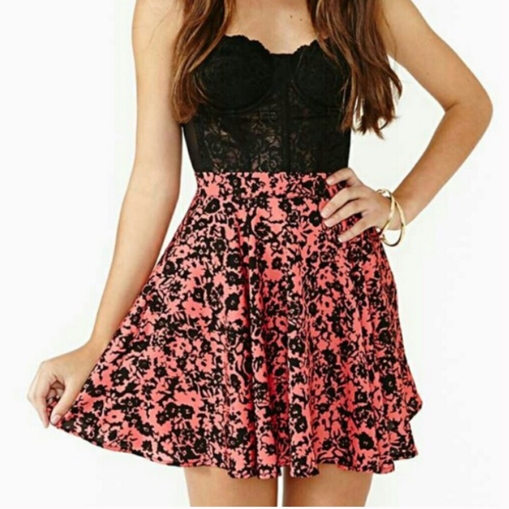 Nasty Gal Floral Skater Skirt Pink Black small circle